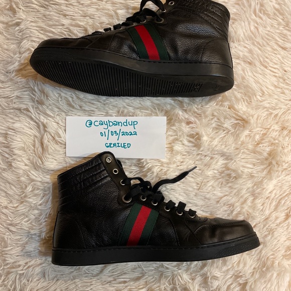 GUCCI Red & Green Logo Stripe Hi-Top Black Sneaker